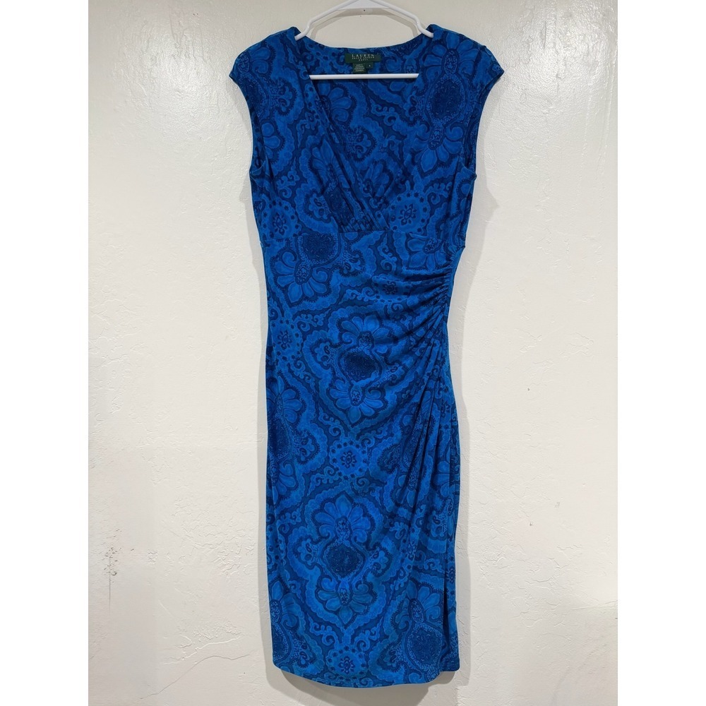 Lauren Ralph Lauren Blue Damask Paisley Ruched V-Neck Sheath Dress Womens 4 - Picture 2 of 6